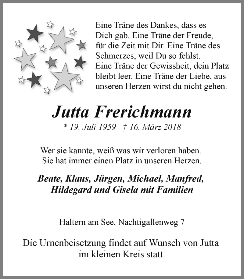  Traueranzeige für Jutta Frerichmann vom 24.03.2018 aus Ruhr Nachrichten und Halterner Zeitung