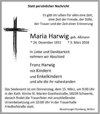Traueranzeige von Maria Harwig von Ruhr Nachrichten