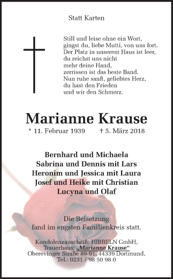 Traueranzeige von Marianne Krause von Ruhr Nachrichten
