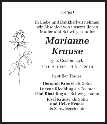 Traueranzeige von Marianne Krause von Ruhr Nachrichten