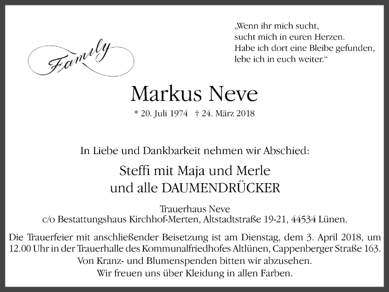  Traueranzeige für Markus Neve vom 28.03.2018 aus Ruhr Nachrichten
