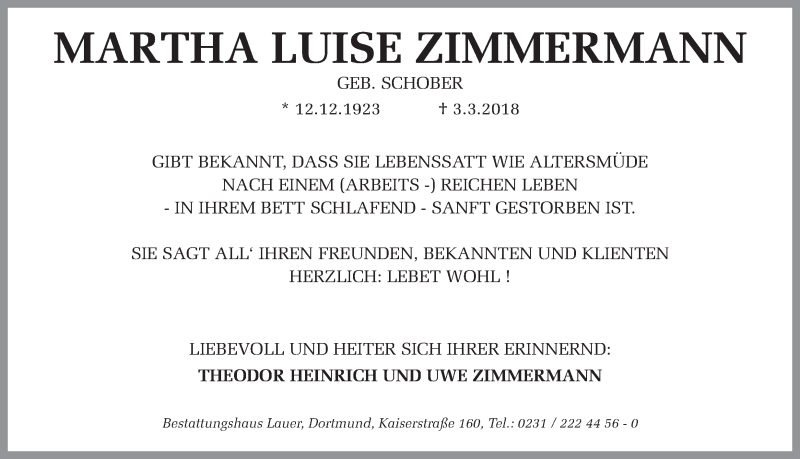  Traueranzeige für Martha Luise Zimmermann vom 22.03.2018 aus Ruhr Nachrichten