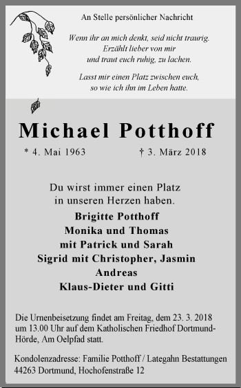 Traueranzeige von Michael Potthoff von Ruhr Nachrichten