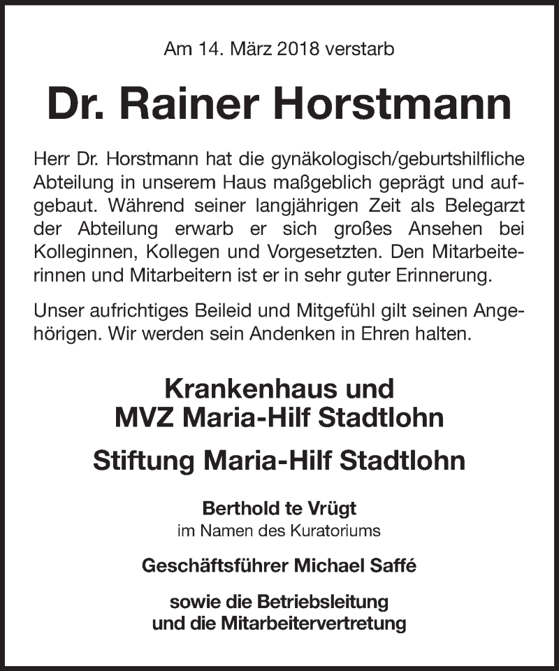  Traueranzeige für Rainer Horstmann vom 22.03.2018 aus Münstersche Zeitung und Münsterland Zeitung