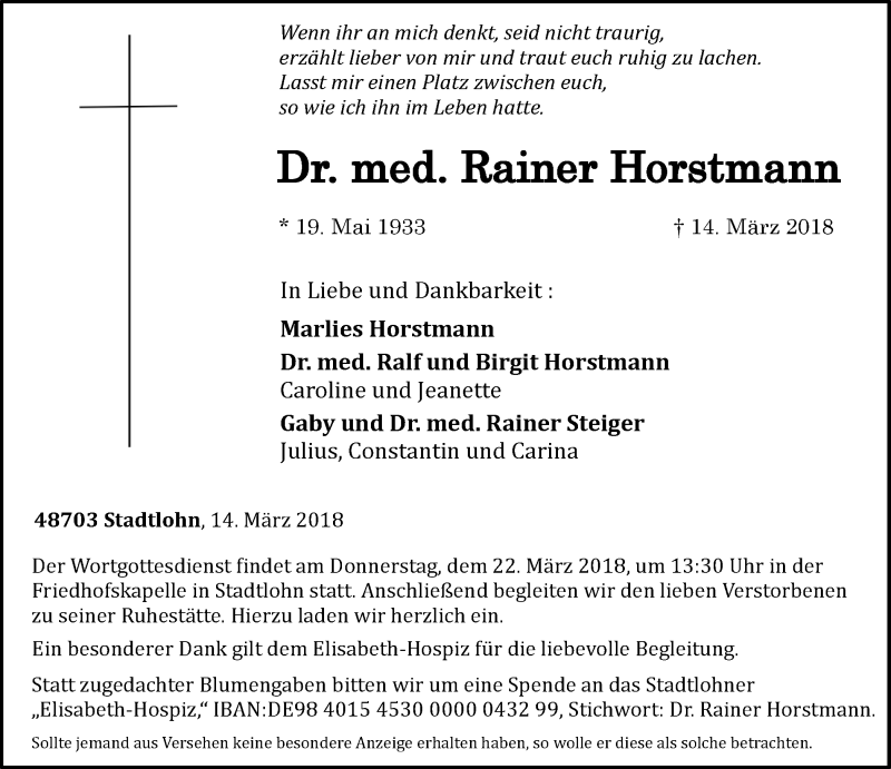  Traueranzeige für Rainer Horstmann vom 17.03.2018 aus Münstersche Zeitung und Münsterland Zeitung