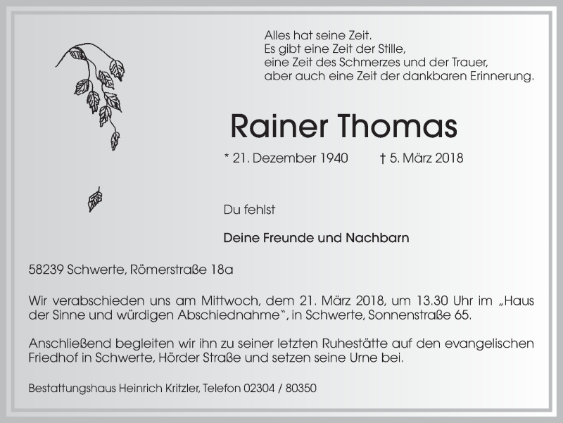  Traueranzeige für Rainer Thomas vom 14.03.2018 aus Ruhr Nachrichten