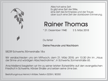 Traueranzeige von Rainer Thomas von Ruhr Nachrichten