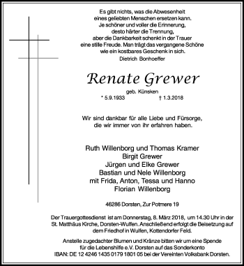 Traueranzeige von Renate Grewer von Ruhr Nachrichten und Dorstener Zeitung