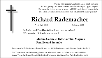 Traueranzeige von Richard Rademacher von Ruhr Nachrichten