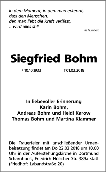 Traueranzeige von Siegfried Bohm von Ruhr Nachrichten