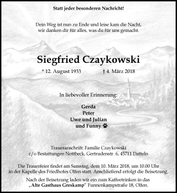Traueranzeige von Siegfried Czaykowski von Ruhr Nachrichten
