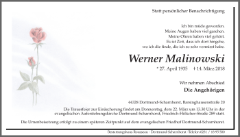 Traueranzeige von Werner Malinowski von Ruhr Nachrichten