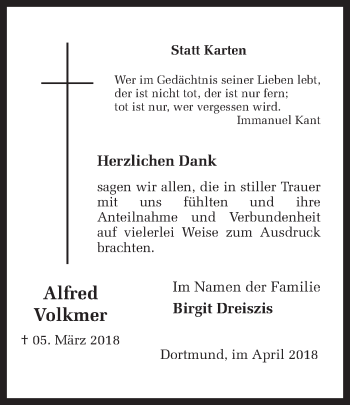Traueranzeige von Alfred Volkmer von Ruhr Nachrichten