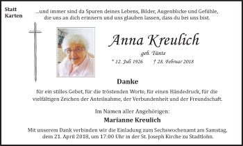 Traueranzeige von Anna Kreulich von Münstersche Zeitung und Münsterland Zeitung