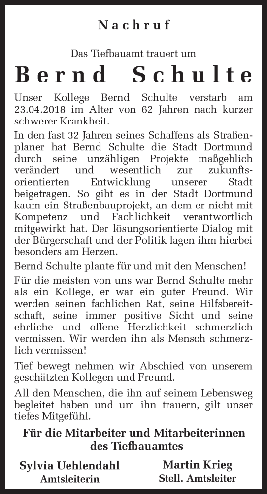  Traueranzeige für Bernd Schulte vom 28.04.2018 aus Ruhr Nachrichten