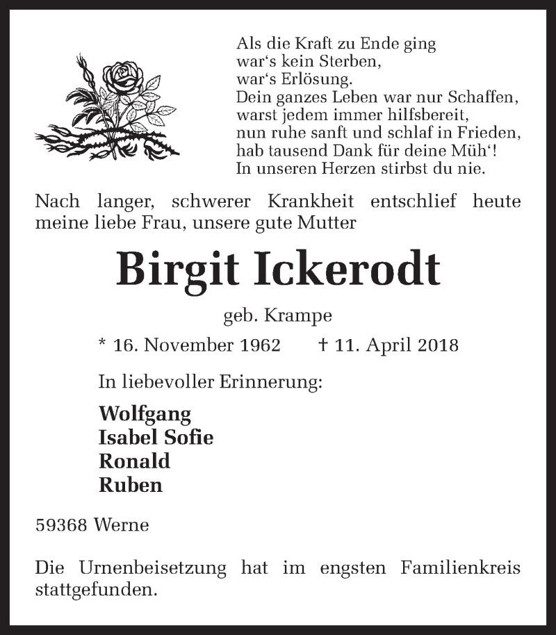  Traueranzeige für Birgit Ickerodt vom 27.04.2018 aus Ruhr Nachrichten