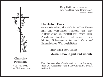 Traueranzeige von Christine Nienhaus von Ruhr Nachrichten und Dorstener Zeitung