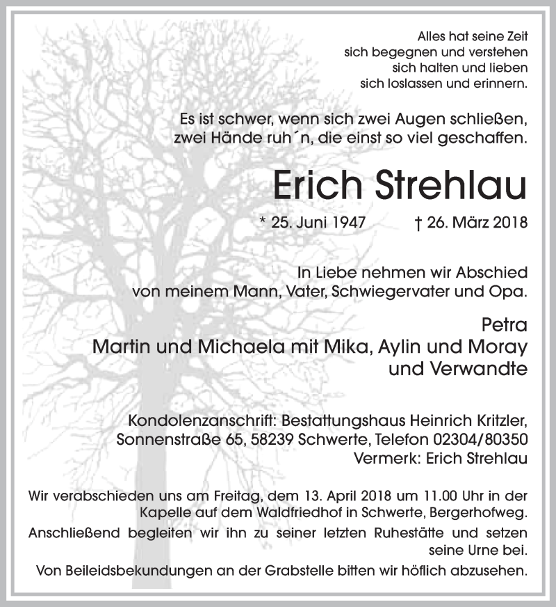  Traueranzeige für Erich Strehlau vom 07.04.2018 aus Ruhr Nachrichten