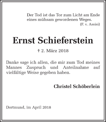 Traueranzeige von Ernst Schieferstein von Ruhr Nachrichten