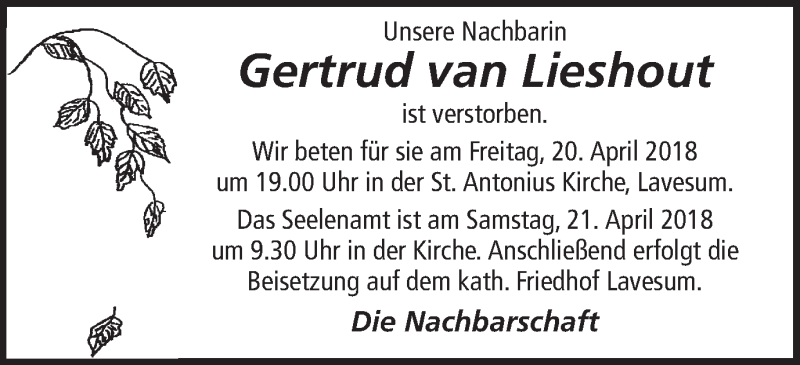  Traueranzeige für Gertrud van Lieshout vom 19.04.2018 aus Ruhr Nachrichten und Halterner Zeitung