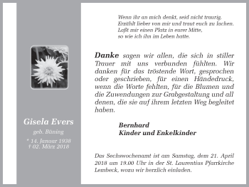 Traueranzeige von Gisela Evers von Ruhr Nachrichten und Dorstener Zeitung