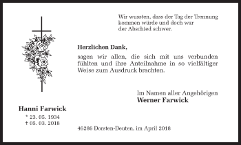 Traueranzeige von Hanni Farwick von Ruhr Nachrichten und Dorstener Zeitung