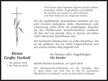 Traueranzeige von Heinz Große Vorholt von Ruhr Nachrichten und Dorstener Zeitung
