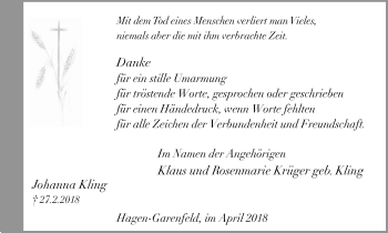 Traueranzeige von Johanna Kling von Ruhr Nachrichten
