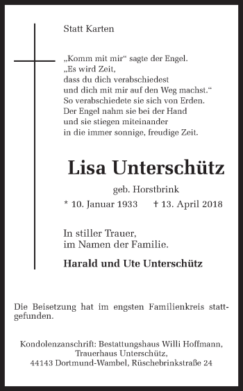 Traueranzeige von Lisa Unterschütz von Ruhr Nachrichten