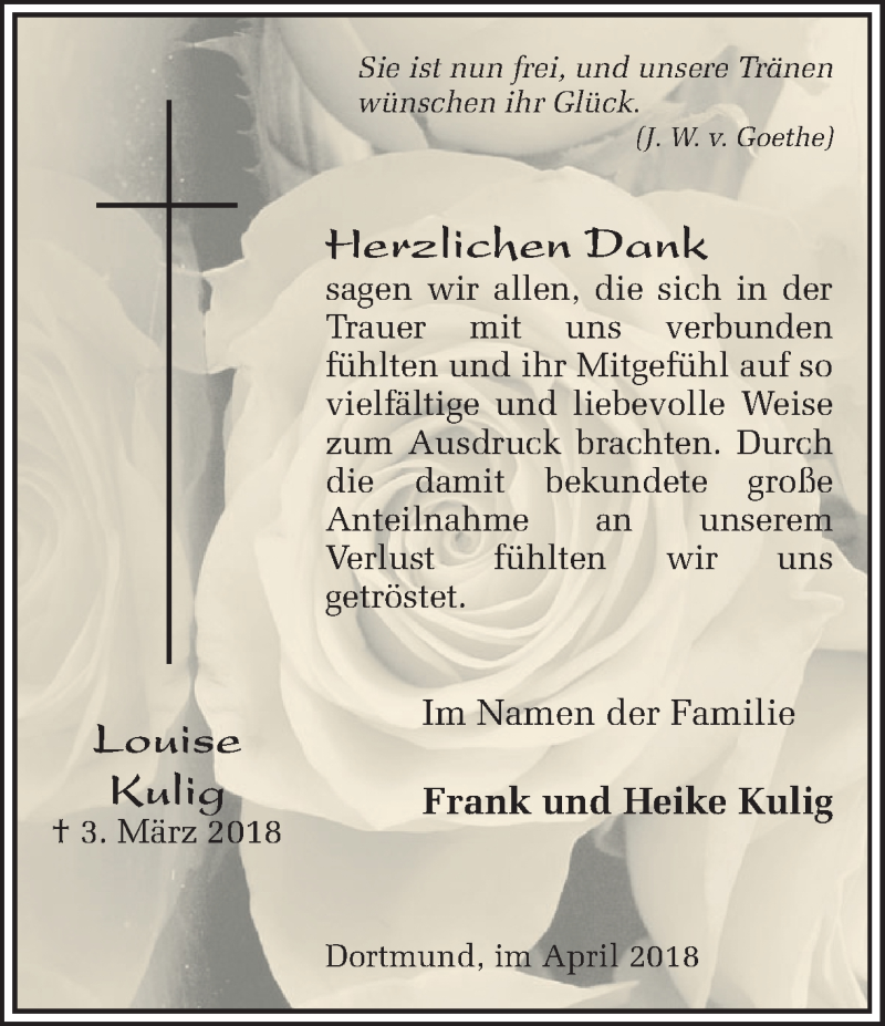  Traueranzeige für Louise Kulig vom 07.04.2018 aus Ruhr Nachrichten