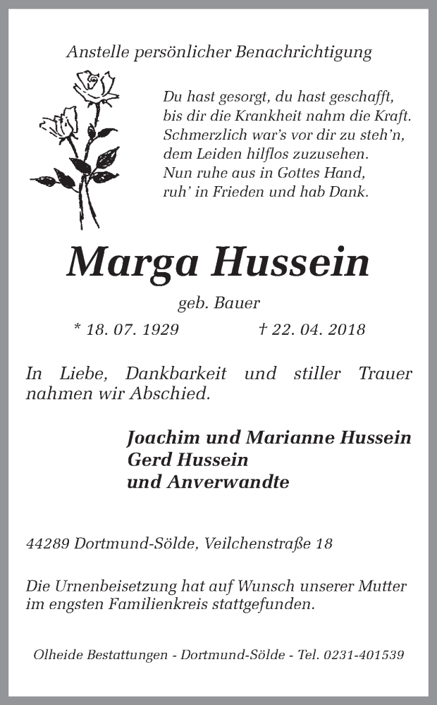  Traueranzeige für Marga Hussein vom 28.04.2018 aus Ruhr Nachrichten
