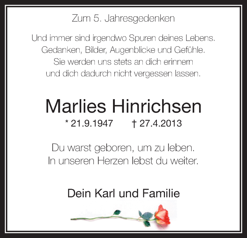  Traueranzeige für Marlies Hinrichsen vom 27.04.2018 aus Ruhr Nachrichten
