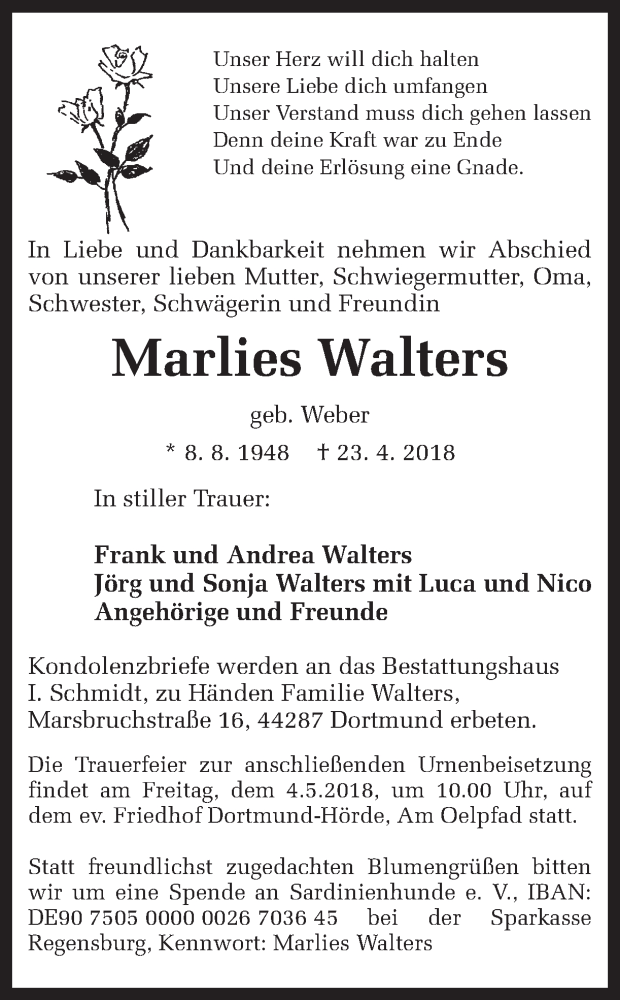  Traueranzeige für Marlies Walters vom 28.04.2018 aus Ruhr Nachrichten