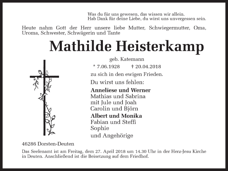 Traueranzeige für Mathilde Heisterkamp vom 24.04.2018 aus Ruhr Nachrichten und Dorstener Zeitung
