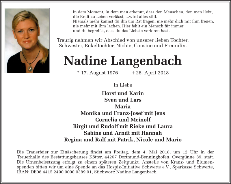  Traueranzeige für Nadine Langenbach vom 30.04.2018 aus Ruhr Nachrichten