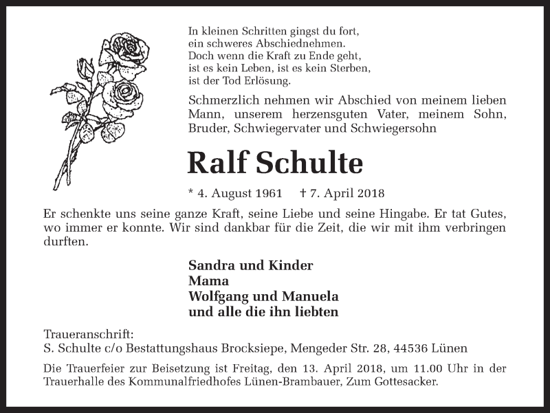  Traueranzeige für Ralf Schulte vom 12.04.2018 aus Ruhr Nachrichten