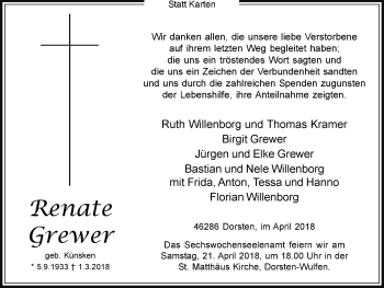 Traueranzeige von Renate Grewer von Ruhr Nachrichten und Dorstener Zeitung