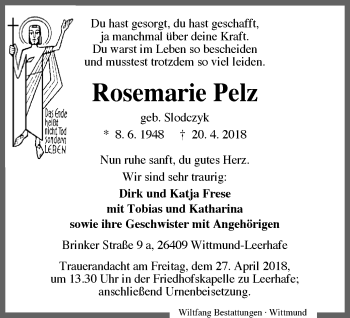 Traueranzeige von Rosemarie Pelz von Ruhr Nachrichten