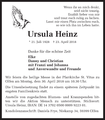 Traueranzeige von Ursula Heinz von Ruhr Nachrichten