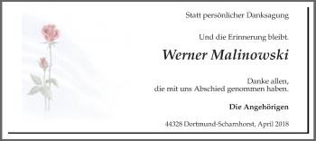 Traueranzeige von Werner Malinowski von Ruhr Nachrichten