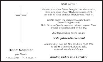 Traueranzeige von Anna Demmer von Ruhr Nachrichten und Dorstener Zeitung