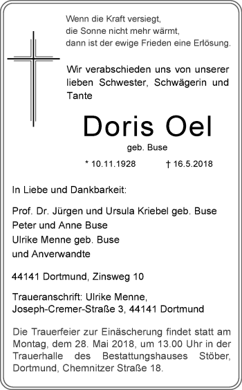 Traueranzeige von Doris Oel von Ruhr Nachrichten