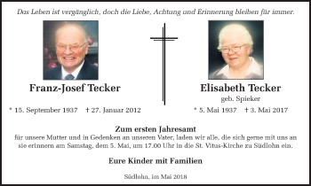 Traueranzeige von Franz-Josef und Elisabeth Tecker von Münstersche Zeitung und Münsterland Zeitung