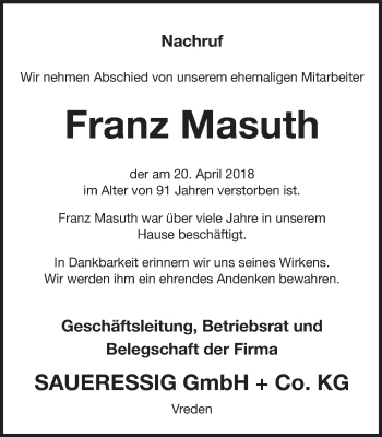 Traueranzeige von Franz Masuth von Münstersche Zeitung und Münsterland Zeitung