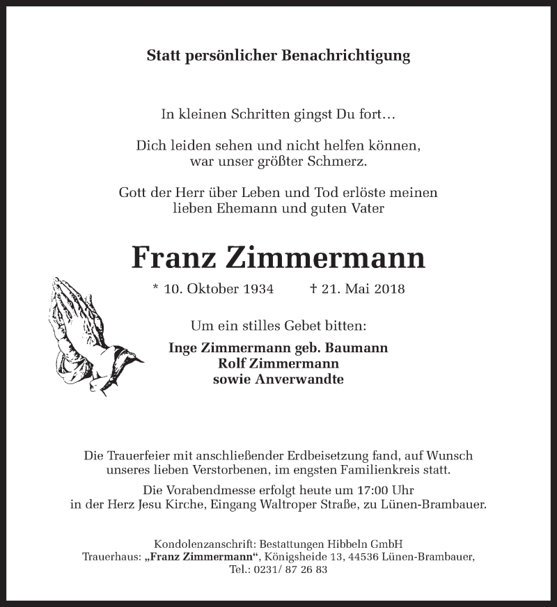  Traueranzeige für Franz Zimmermann vom 26.05.2018 aus Ruhr Nachrichten