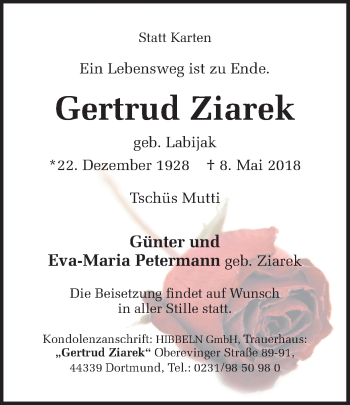 Traueranzeige von Gertrud Ziarek von Ruhr Nachrichten