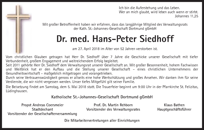  Traueranzeige für Hans-Peter Siedhoff vom 04.05.2018 aus Ruhr Nachrichten