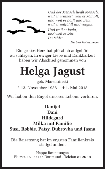 Traueranzeige von Helga Jagust von Ruhr Nachrichten