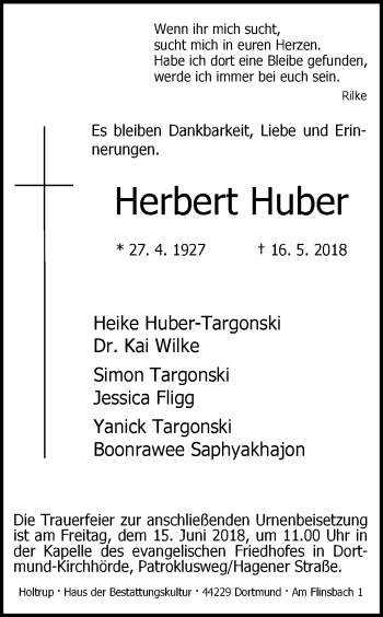 Traueranzeige von Herbert Huber von Ruhr Nachrichten