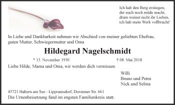 Traueranzeige von Hildegard Nagelschmidt von Ruhr Nachrichten und Halterner Zeitung
